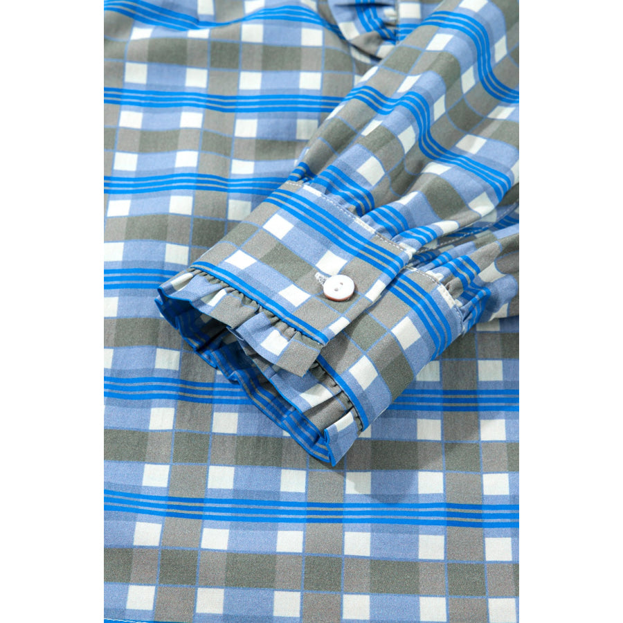 Plaid Long Sleeve Frilled Detail Half Button Blouse Apparel and Accessories