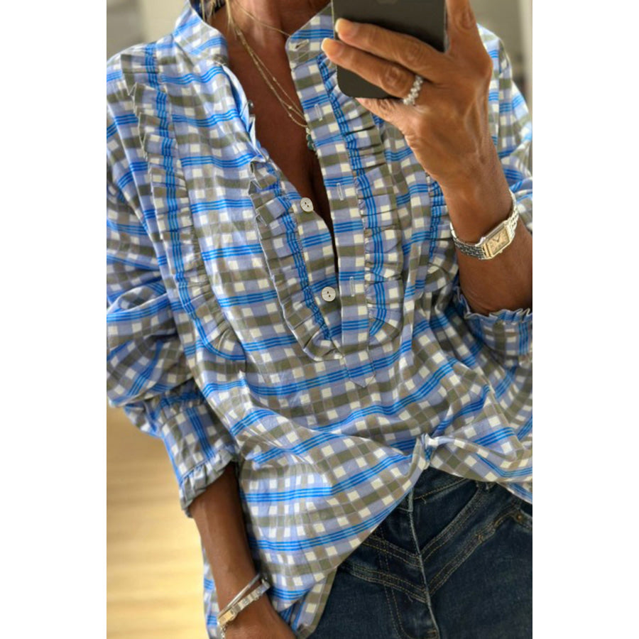 Plaid Long Sleeve Frilled Detail Half Button Blouse Apparel and Accessories