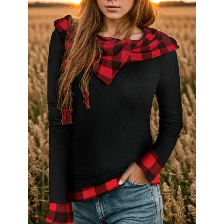 Plaid Long Sleeve Hooded Blouse Black / S