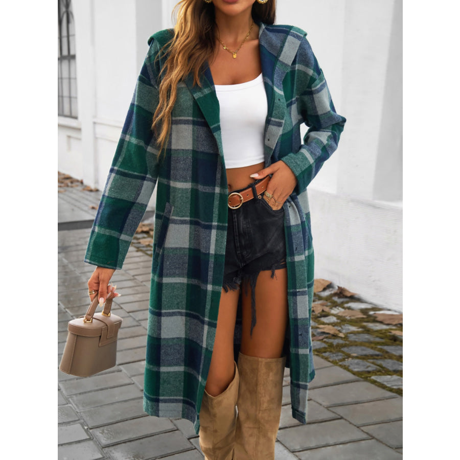 Plaid Long Sleeve Hooded Coat Apparel and Accessories