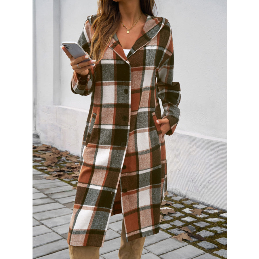 Plaid Long Sleeve Hooded Coat Apparel and Accessories