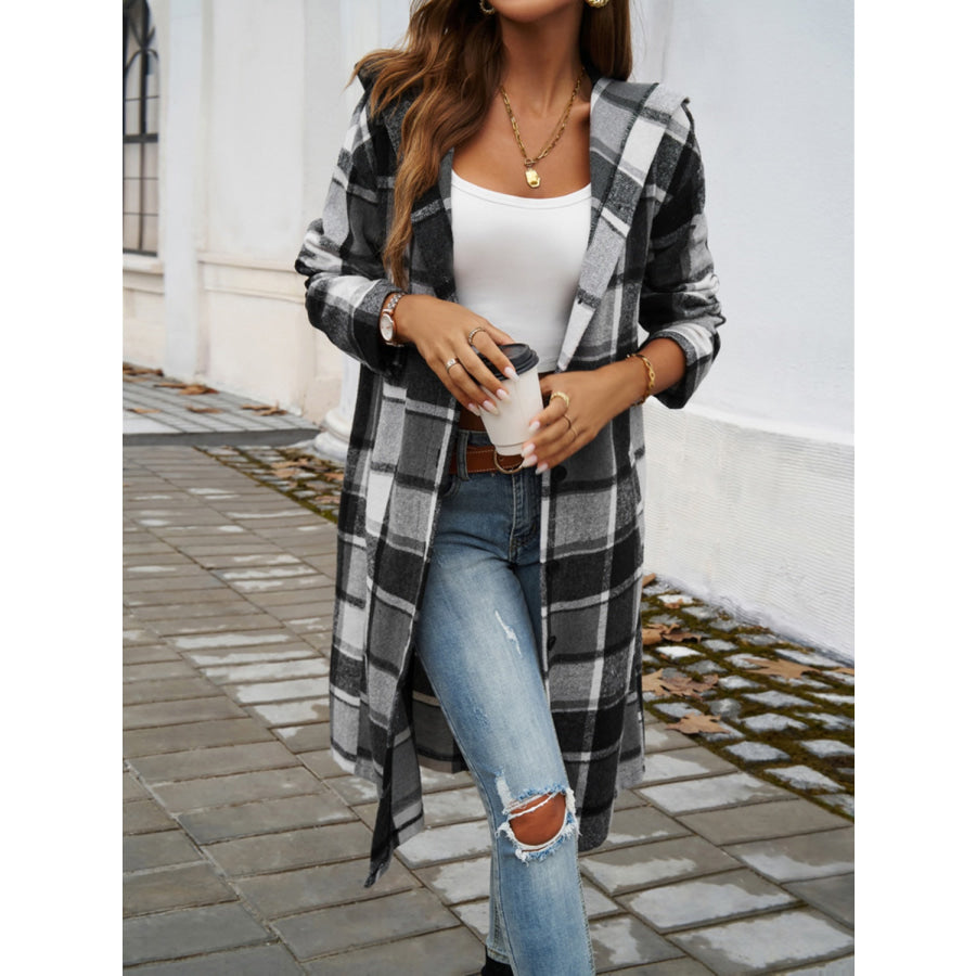 Plaid Long Sleeve Hooded Coat Apparel and Accessories