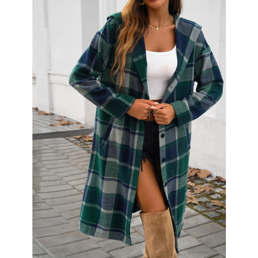 Plaid Long Sleeve Hooded Coat Apparel and Accessories