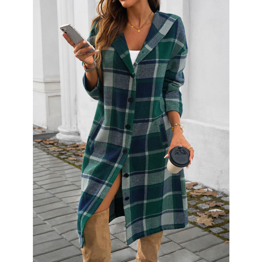 Plaid Long Sleeve Hooded Coat Apparel and Accessories