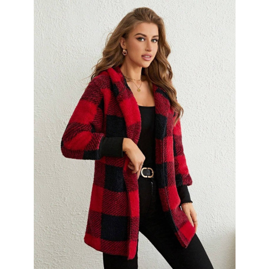 Plaid Long Sleeve Hooded Coat Apparel and Accessories