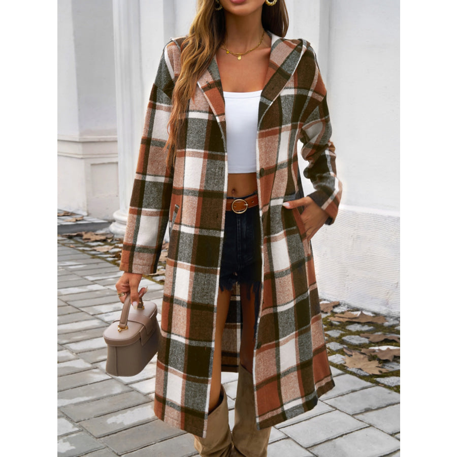 Plaid Long Sleeve Hooded Coat Apparel and Accessories