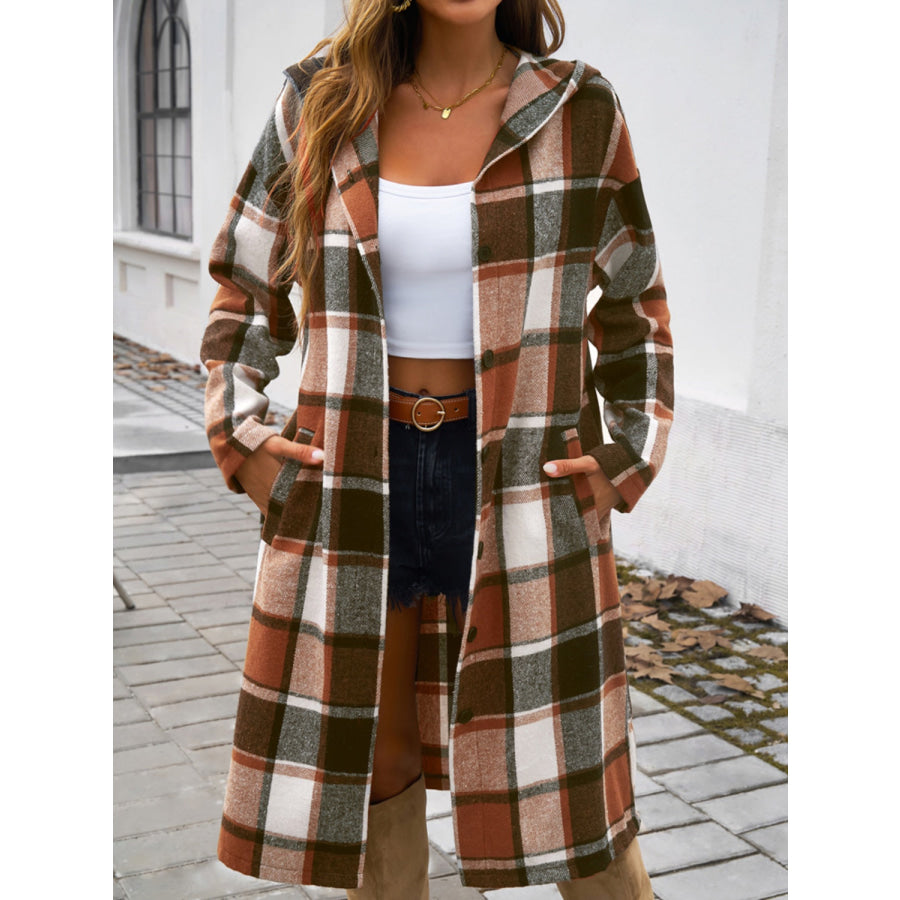 Plaid Long Sleeve Hooded Coat Apparel and Accessories