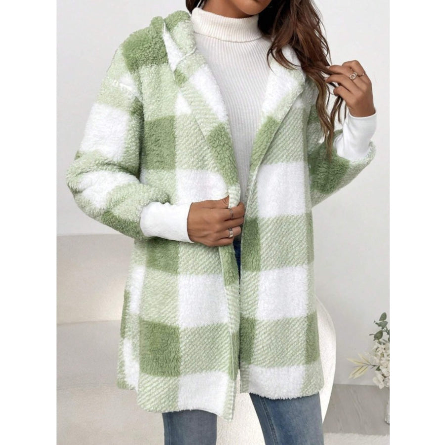 Plaid Long Sleeve Hooded Coat Apparel and Accessories