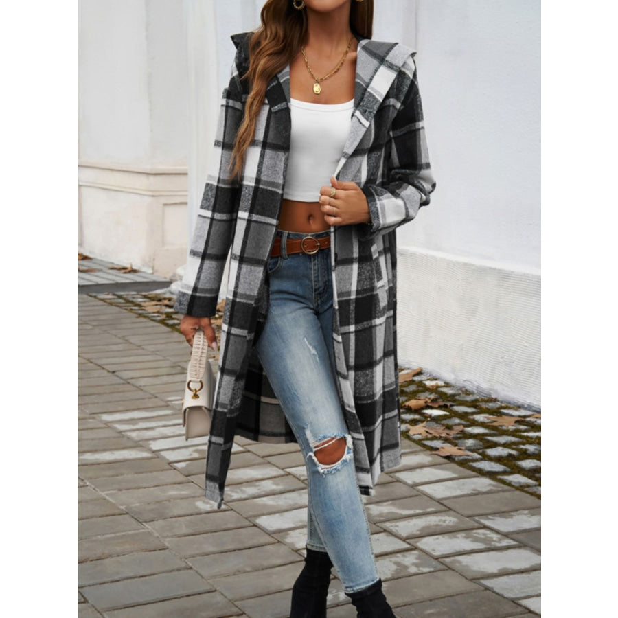 Plaid Long Sleeve Hooded Coat Apparel and Accessories