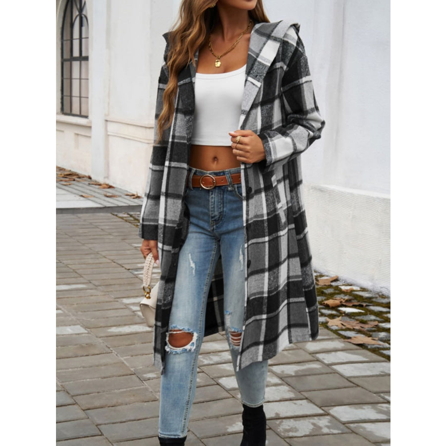 Plaid Long Sleeve Hooded Coat Apparel and Accessories