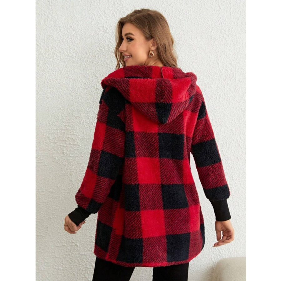 Plaid Long Sleeve Hooded Coat Apparel and Accessories