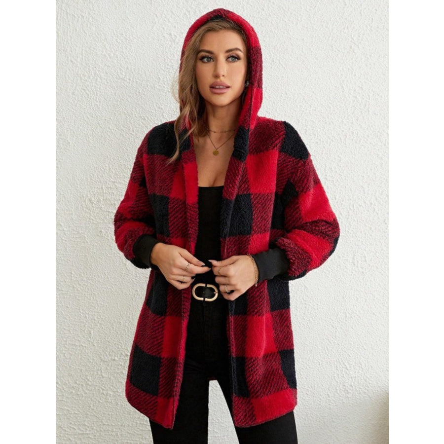 Plaid Long Sleeve Hooded Coat Apparel and Accessories