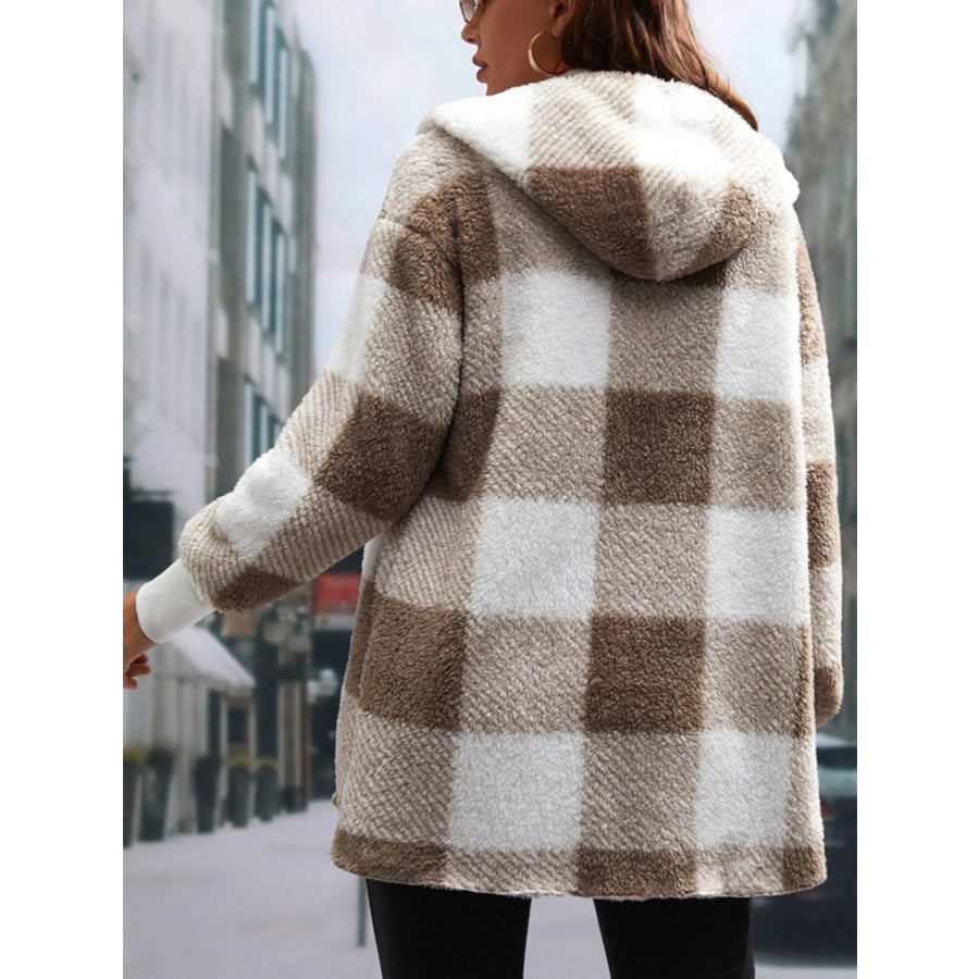 Plaid Long Sleeve Hooded Coat Apparel and Accessories