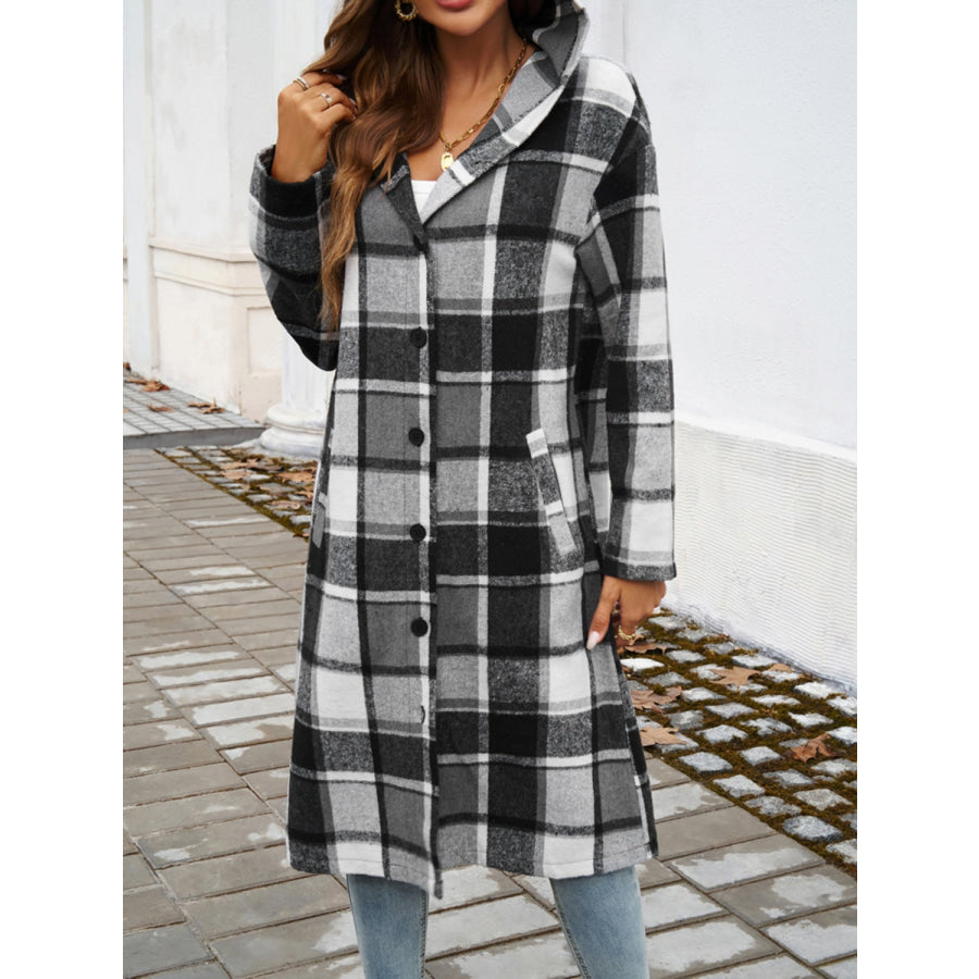 Plaid Long Sleeve Hooded Coat Apparel and Accessories