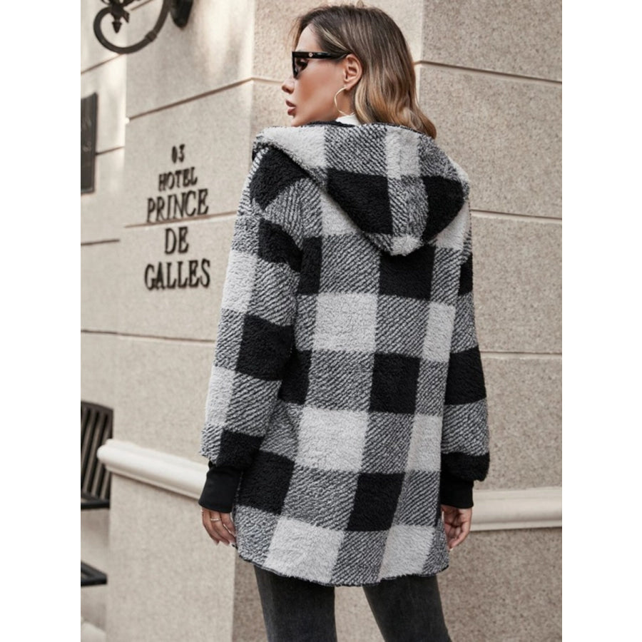 Plaid Long Sleeve Hooded Coat Apparel and Accessories