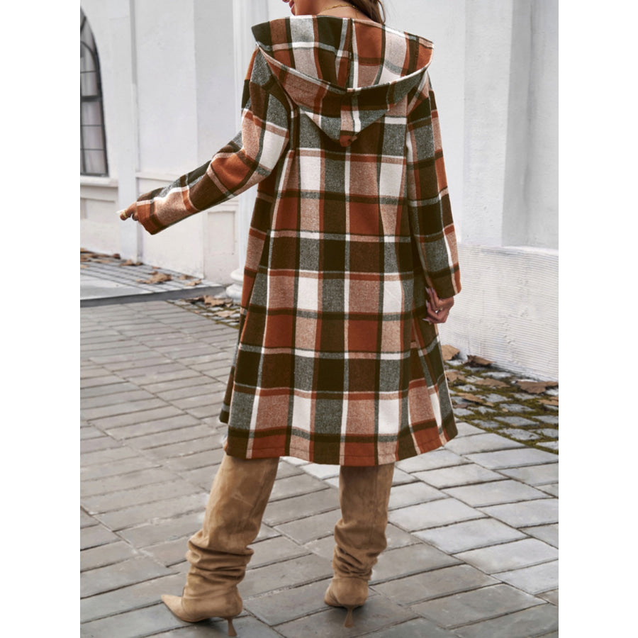 Plaid Long Sleeve Hooded Coat Apparel and Accessories