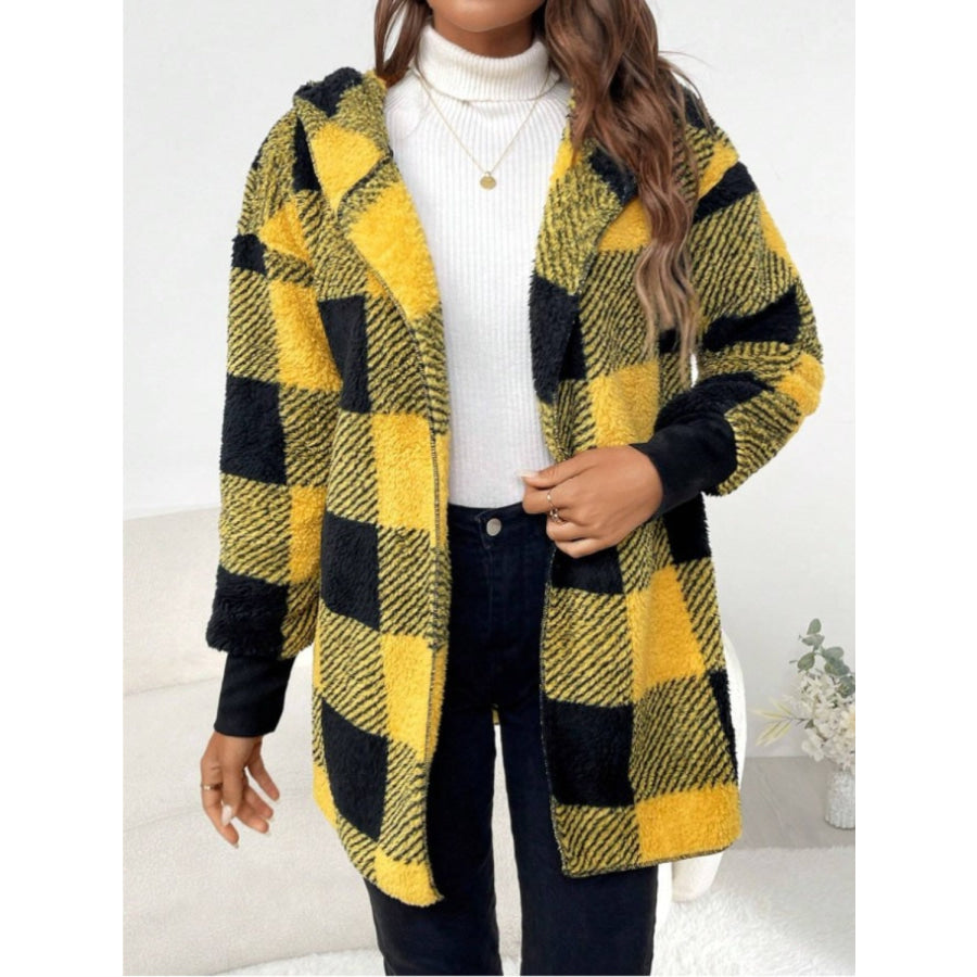 Plaid Long Sleeve Hooded Coat Apparel and Accessories