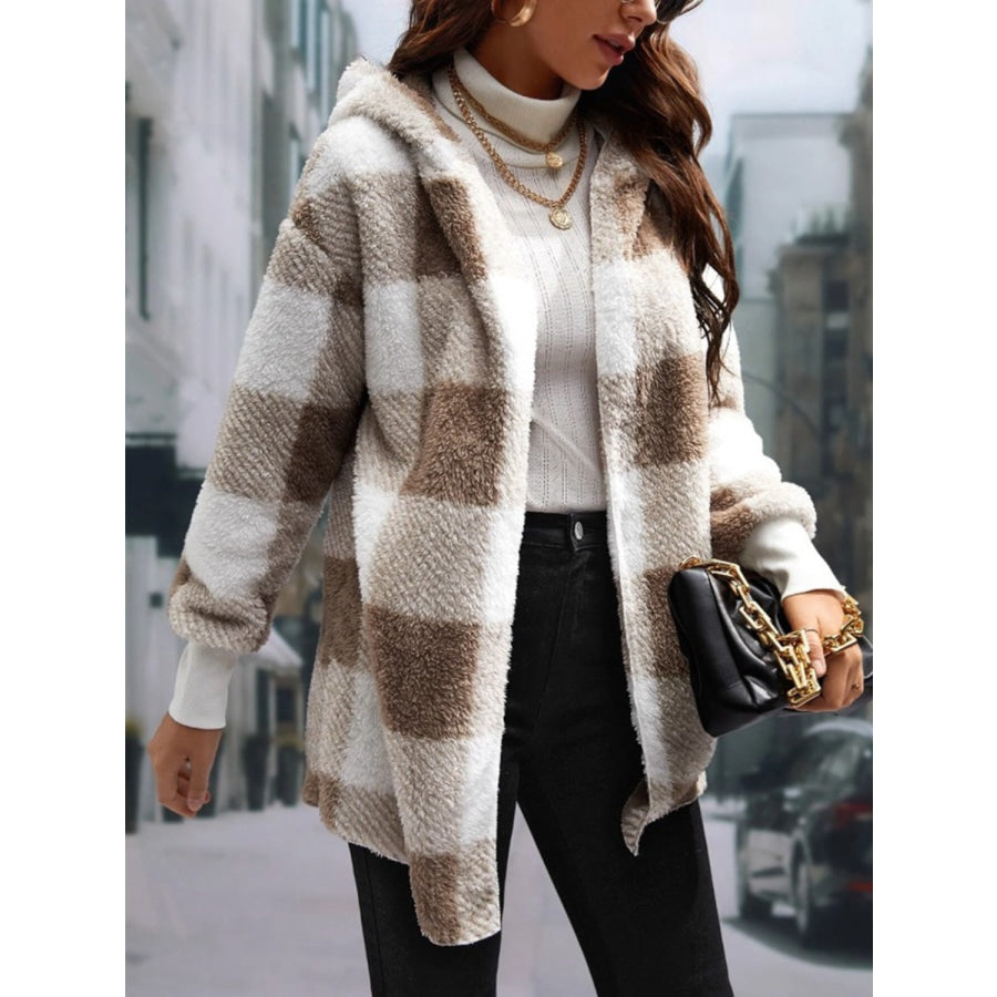 Plaid Long Sleeve Hooded Coat Apparel and Accessories