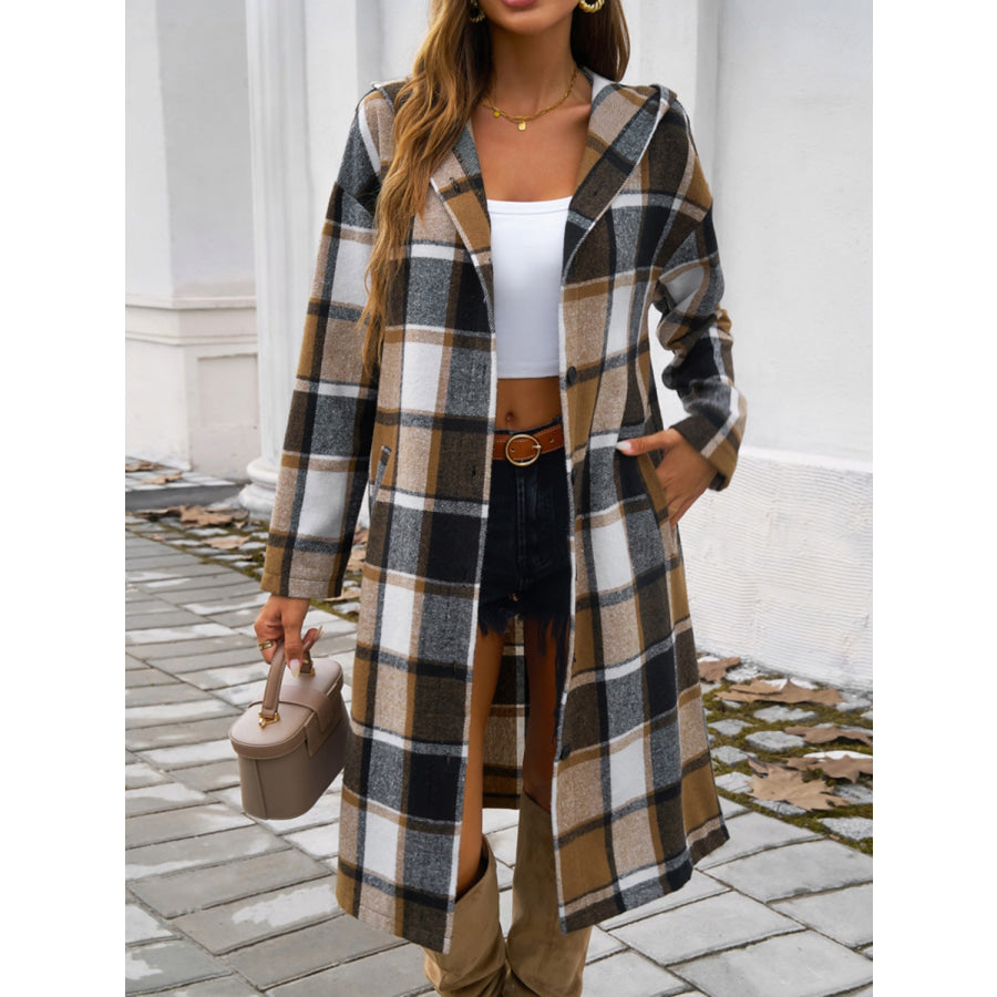 Plaid Long Sleeve Hooded Coat Apparel and Accessories