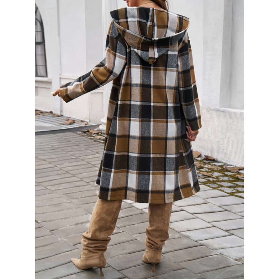 Plaid Long Sleeve Hooded Coat Apparel and Accessories