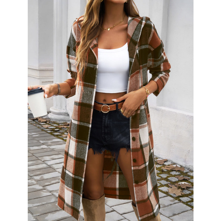 Plaid Long Sleeve Hooded Coat Apparel and Accessories