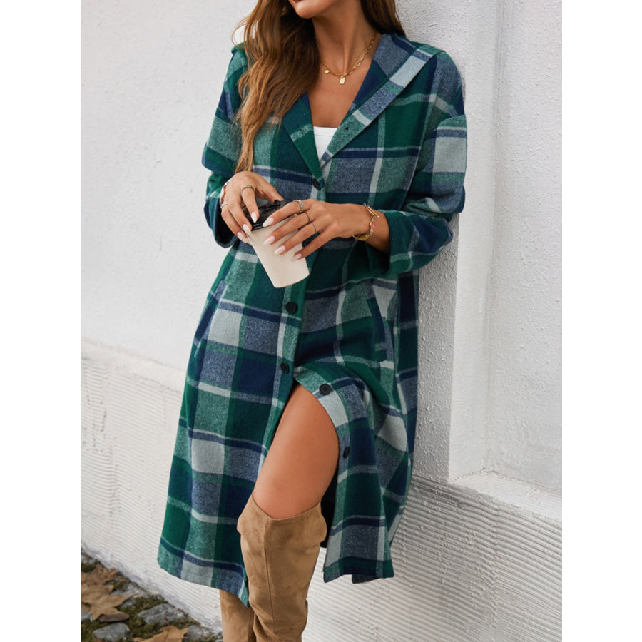 Plaid Long Sleeve Hooded Coat Apparel and Accessories