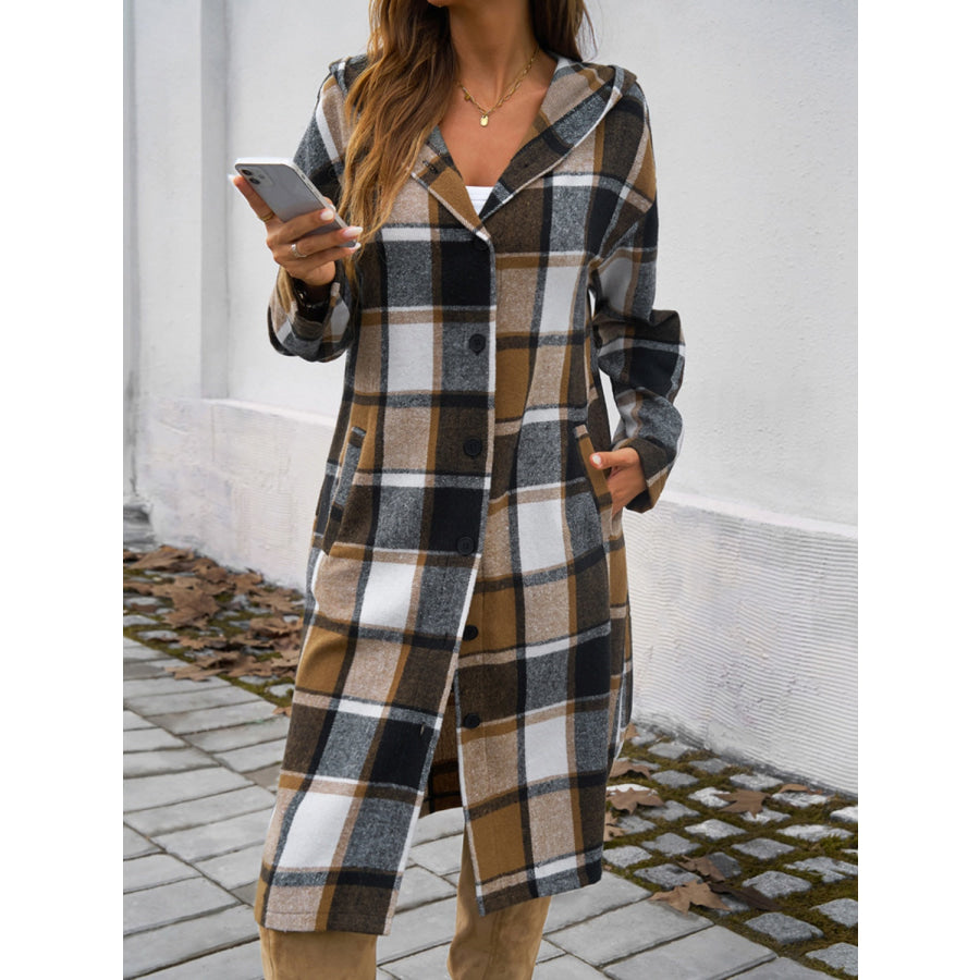 Plaid Long Sleeve Hooded Coat Apparel and Accessories