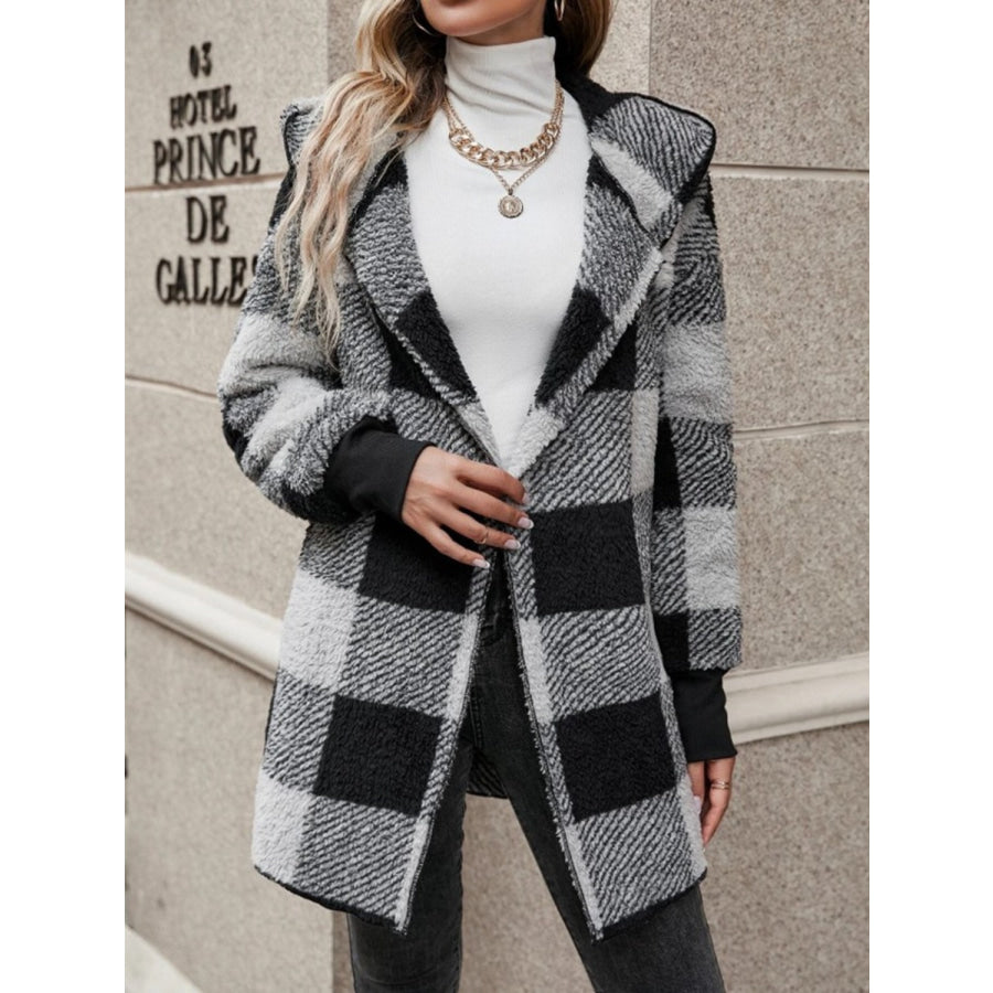 Plaid Long Sleeve Hooded Coat Black / S Apparel and Accessories