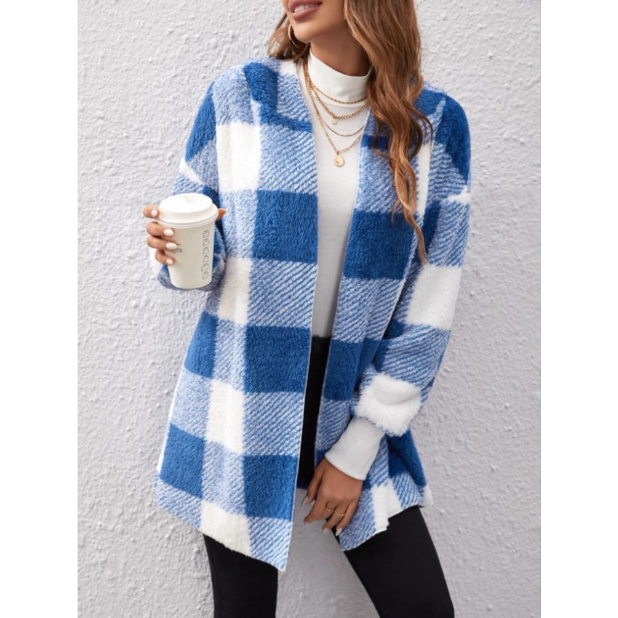 Plaid Long Sleeve Hooded Coat Blue / S Apparel and Accessories