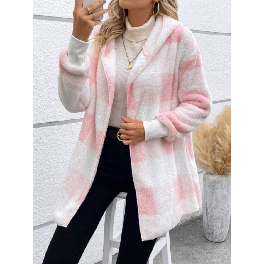 Plaid Long Sleeve Hooded Coat Blush Pink / S Apparel and Accessories