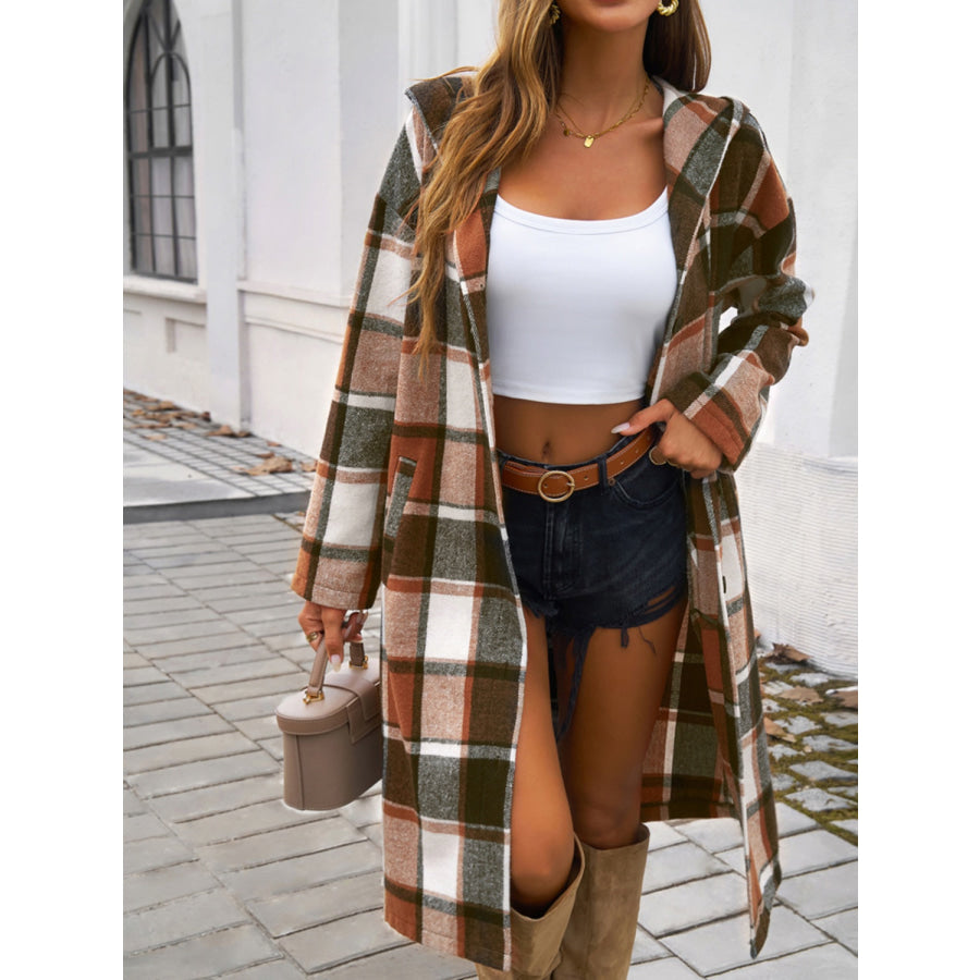 Plaid Long Sleeve Hooded Coat Brown / S Apparel and Accessories