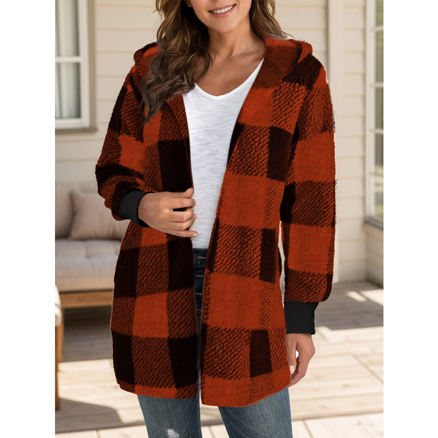 Plaid Long Sleeve Hooded Coat Burgundy / S Apparel and Accessories