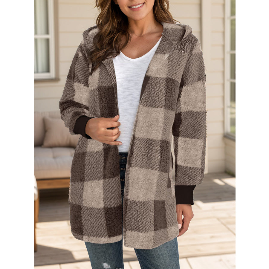 Plaid Long Sleeve Hooded Coat Dark Brown / S Apparel and Accessories