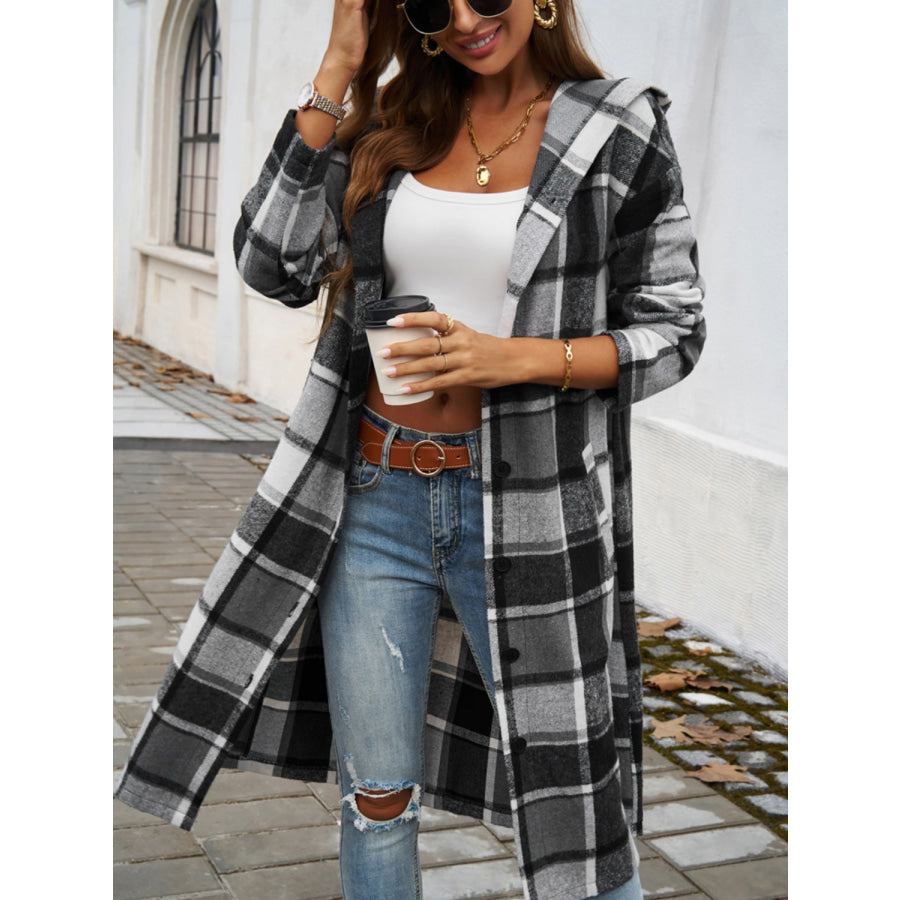 Plaid Long Sleeve Hooded Coat Dark Gray / S Apparel and Accessories