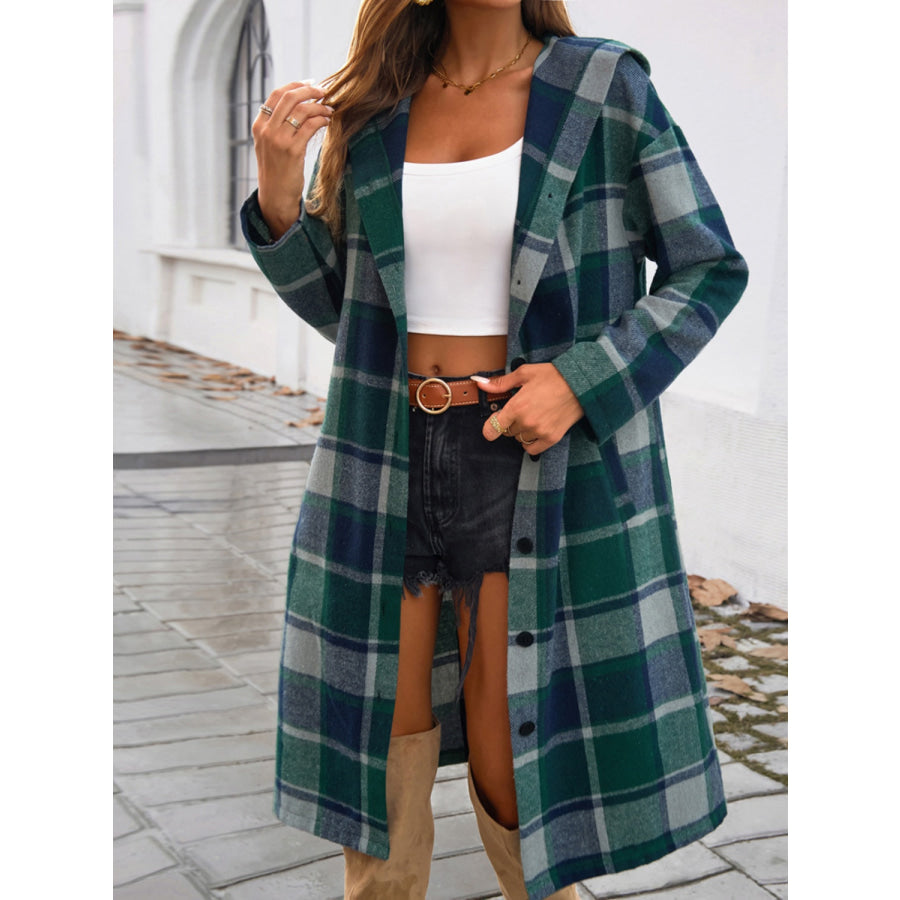 Plaid Long Sleeve Hooded Coat Dark Green / S Apparel and Accessories