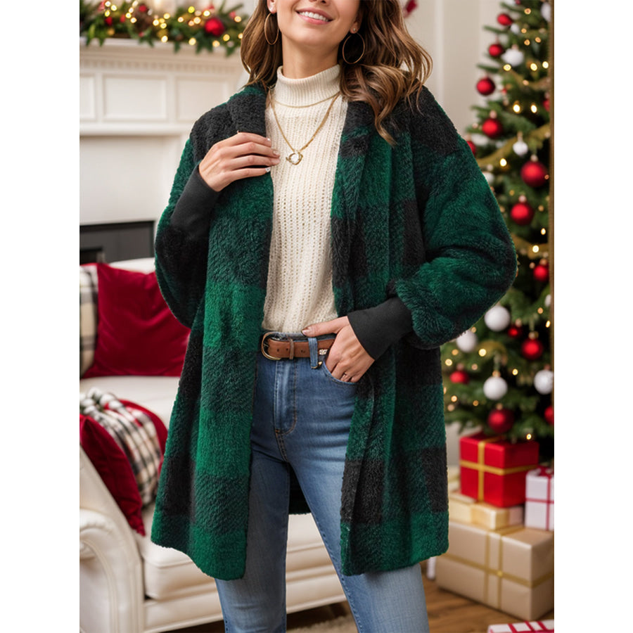 Plaid Long Sleeve Hooded Coat Dark Green / S Apparel and Accessories