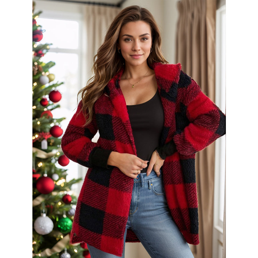 Plaid Long Sleeve Hooded Coat Deep Red / S Apparel and Accessories