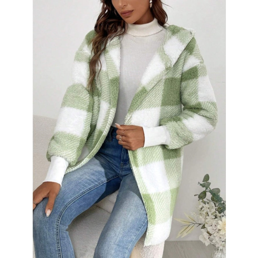 Plaid Long Sleeve Hooded Coat Light Green / S Apparel and Accessories