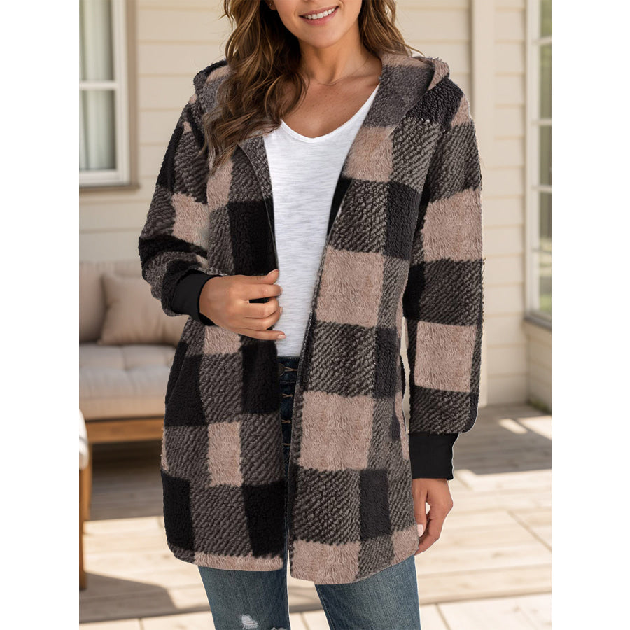 Plaid Long Sleeve Hooded Coat Mocha / S Apparel and Accessories