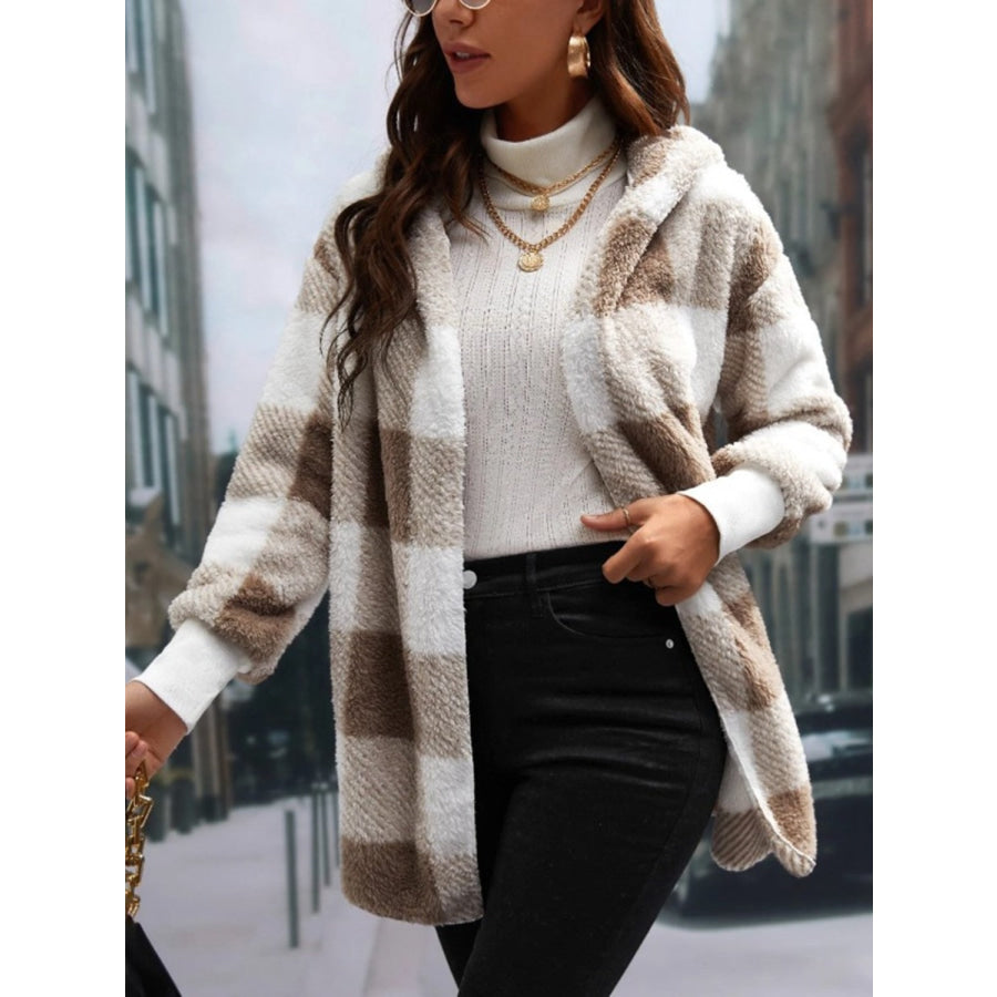 Plaid Long Sleeve Hooded Coat Tan / S Apparel and Accessories