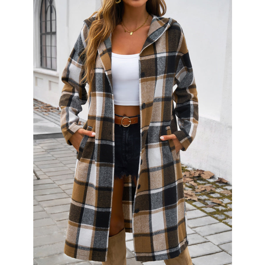 Plaid Long Sleeve Hooded Coat Taupe / S Apparel and Accessories