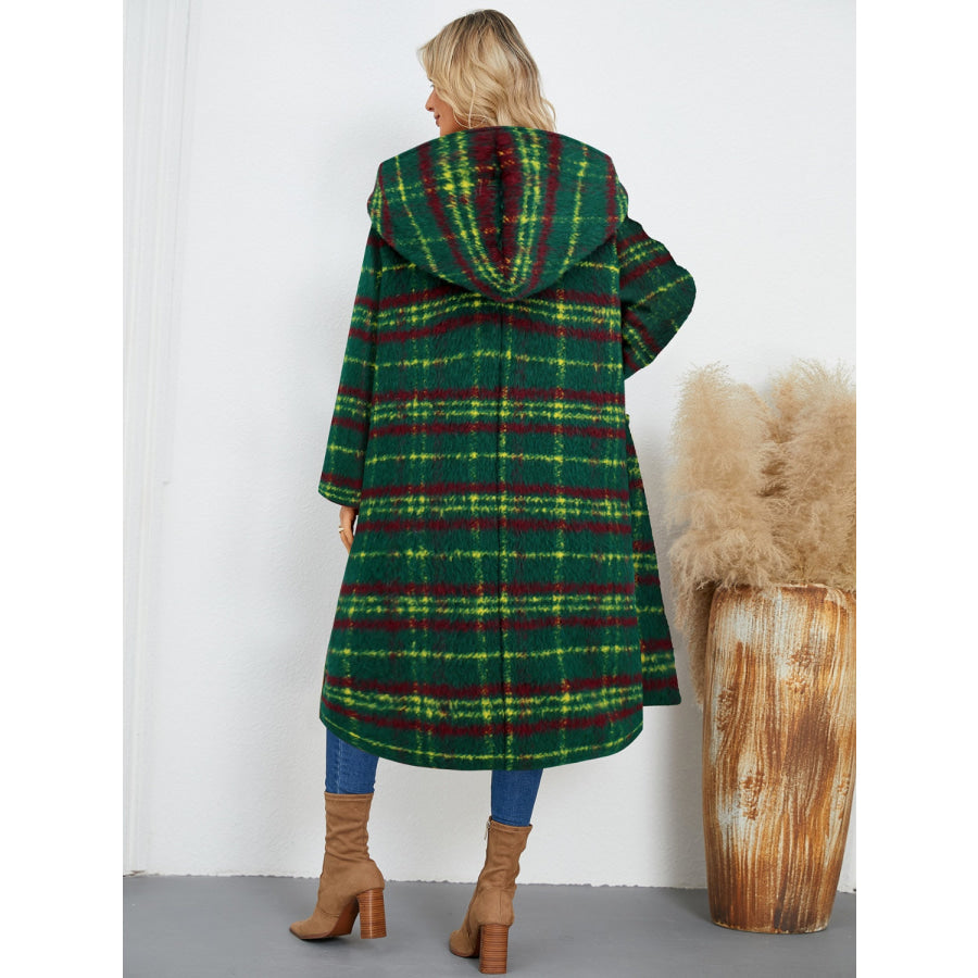 Plaid Long Sleeve Hooded Coat with Pockets Apparel and Accessories