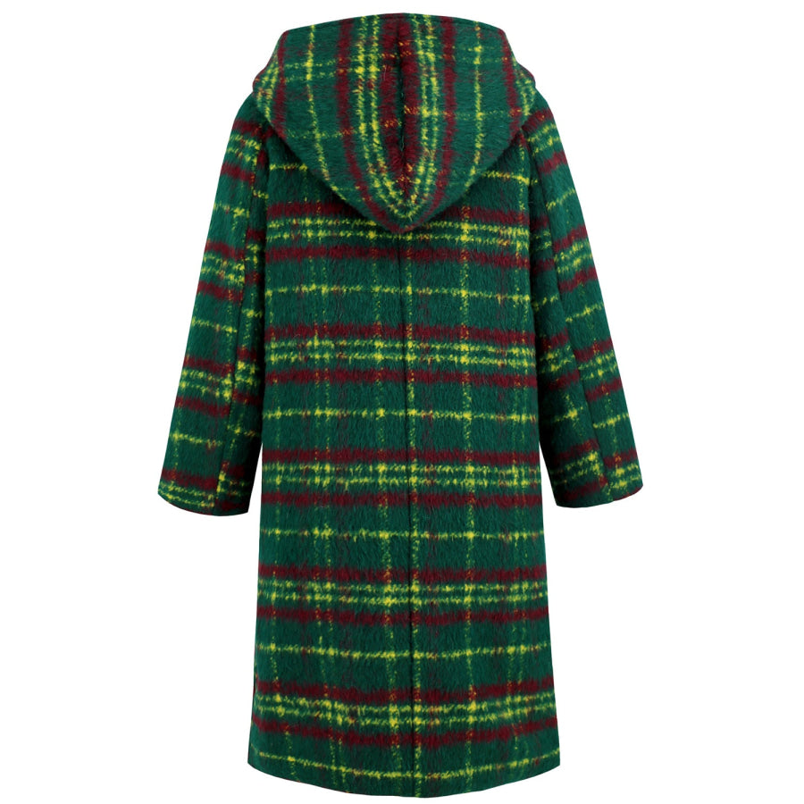 Plaid Long Sleeve Hooded Coat with Pockets Apparel and Accessories