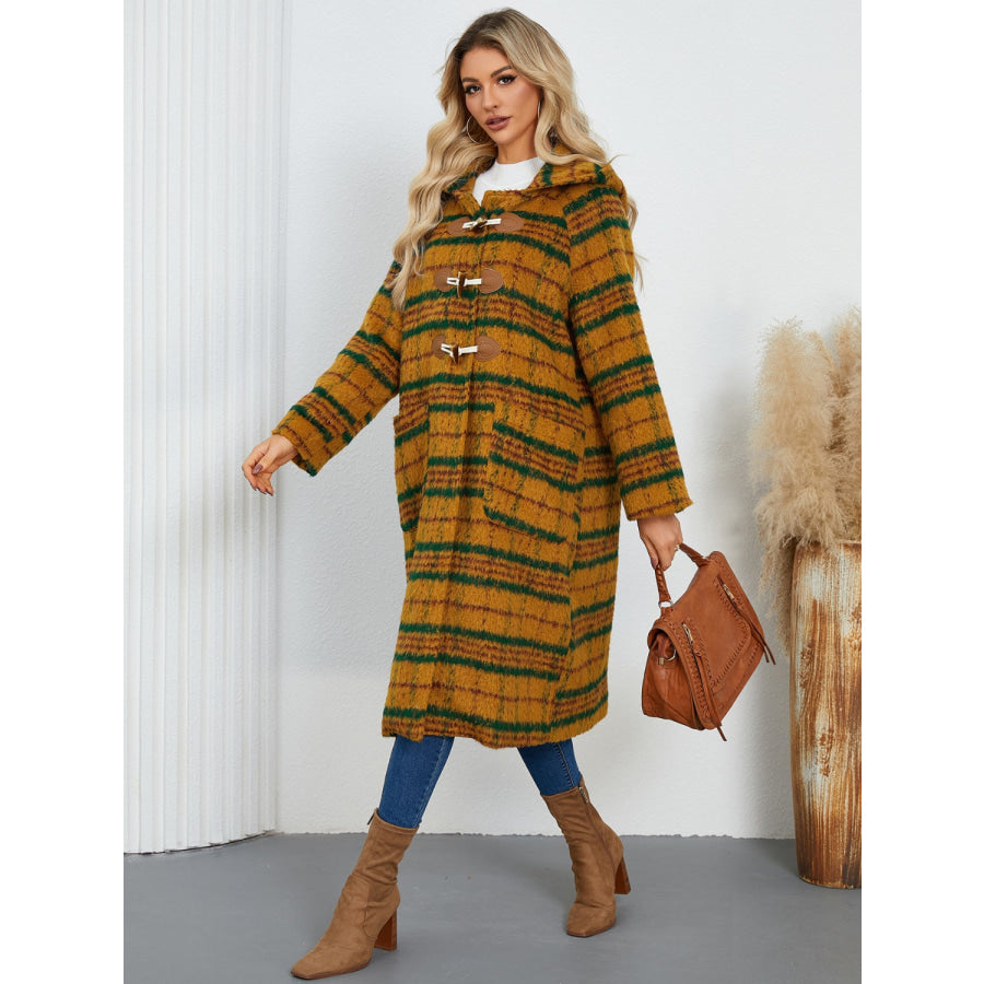 Plaid Long Sleeve Hooded Coat with Pockets Apparel and Accessories