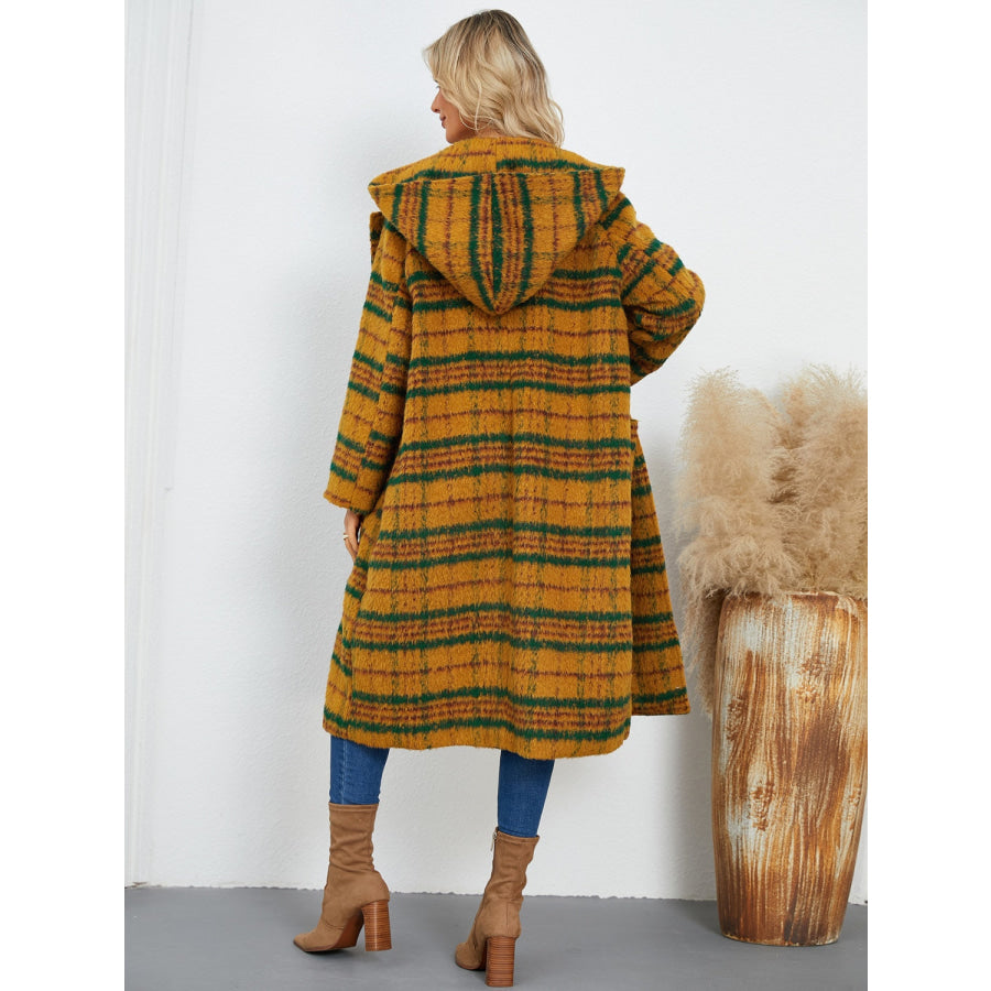 Plaid Long Sleeve Hooded Coat with Pockets Apparel and Accessories