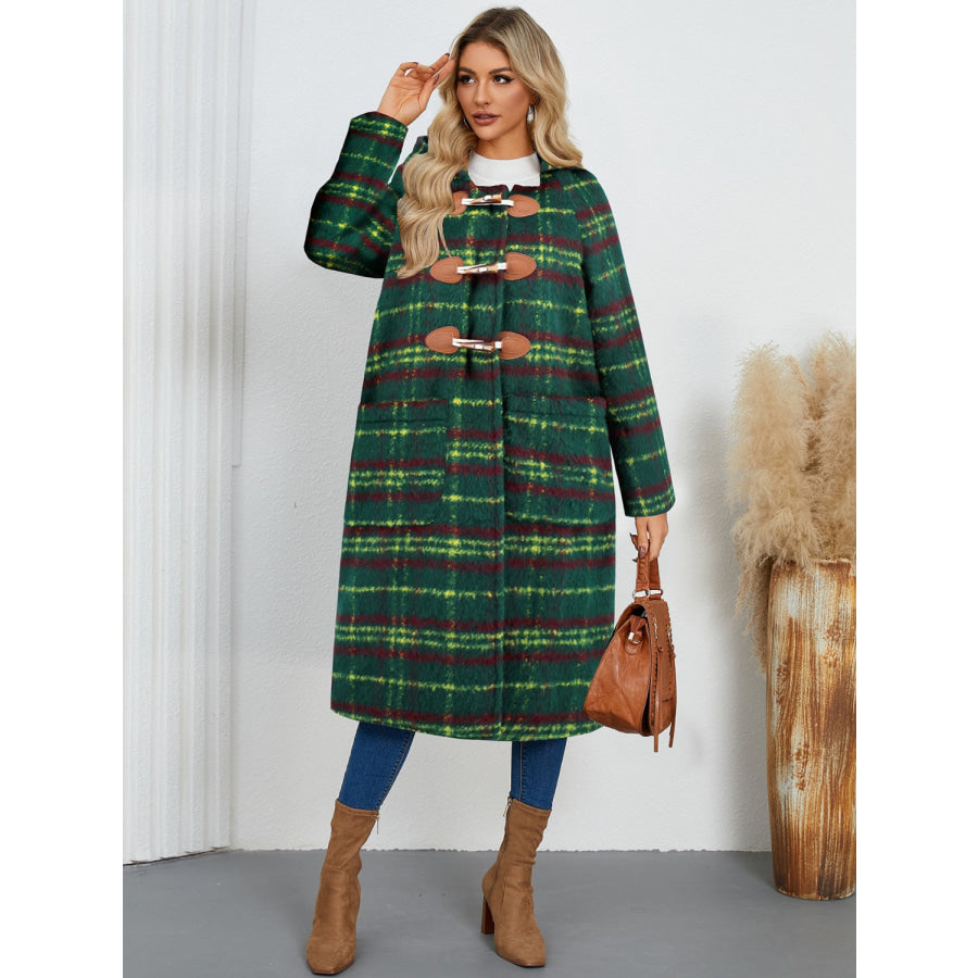 Plaid Long Sleeve Hooded Coat with Pockets Apparel and Accessories