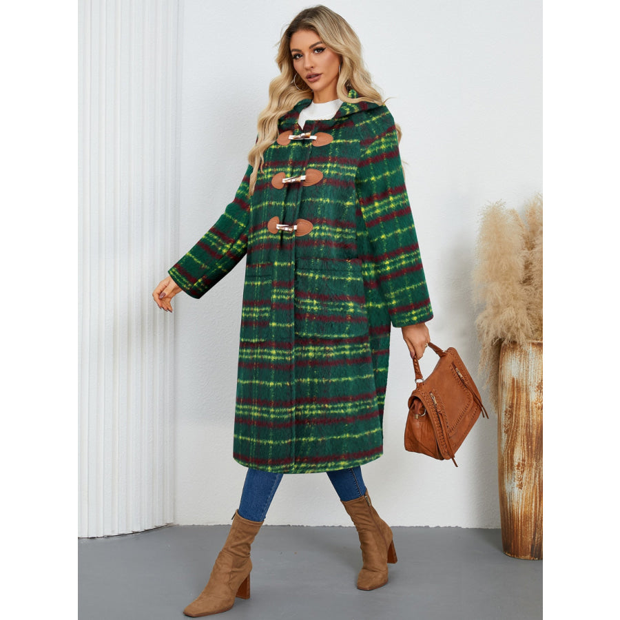 Plaid Long Sleeve Hooded Coat with Pockets Apparel and Accessories