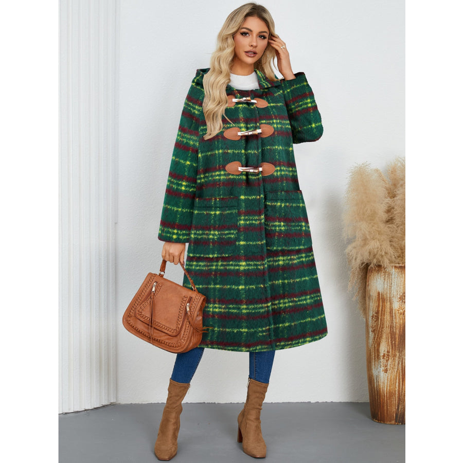 Plaid Long Sleeve Hooded Coat with Pockets Apparel and Accessories