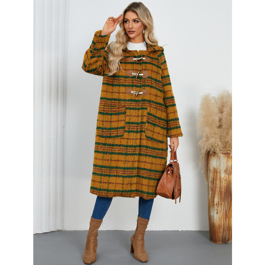 Plaid Long Sleeve Hooded Coat with Pockets Apparel and Accessories