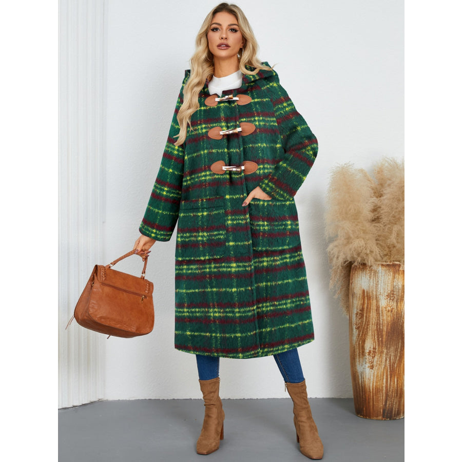 Plaid Long Sleeve Hooded Coat with Pockets Apparel and Accessories